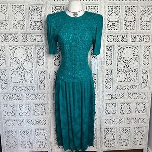 Vintage Karin Stevens Emerald Green Pleated Paisley Embroidered Grannycore Dress